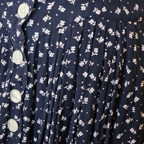 VTG 90s Size‎ M Navy Floral Shirt Dress Long Maxi Sleeveless Rayon Laceup Back - Picture 9 of 11